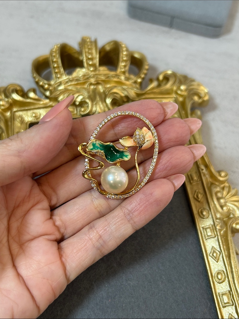 Gold Floral Glass Pearl Brooch with Green Enamel and Crystals